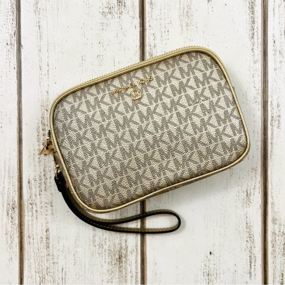 Michael Kors Signature Logo Pale Gold Double Zip Wristlet Wallet